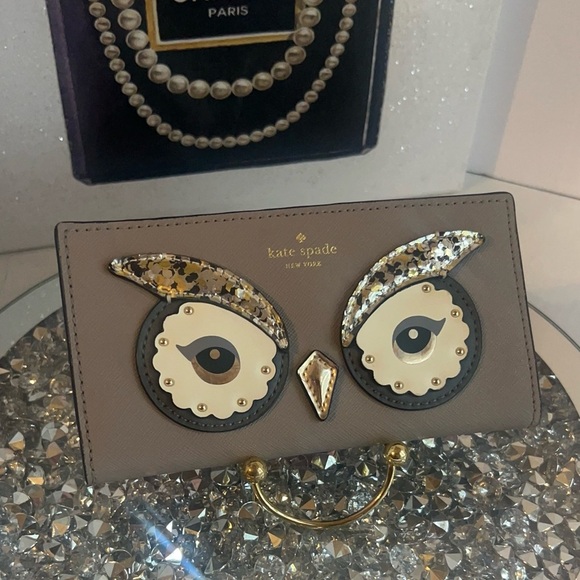Kate Spade Gray taupe Saffiano leather Owl Design collectible wallet - Picture 6 of 9